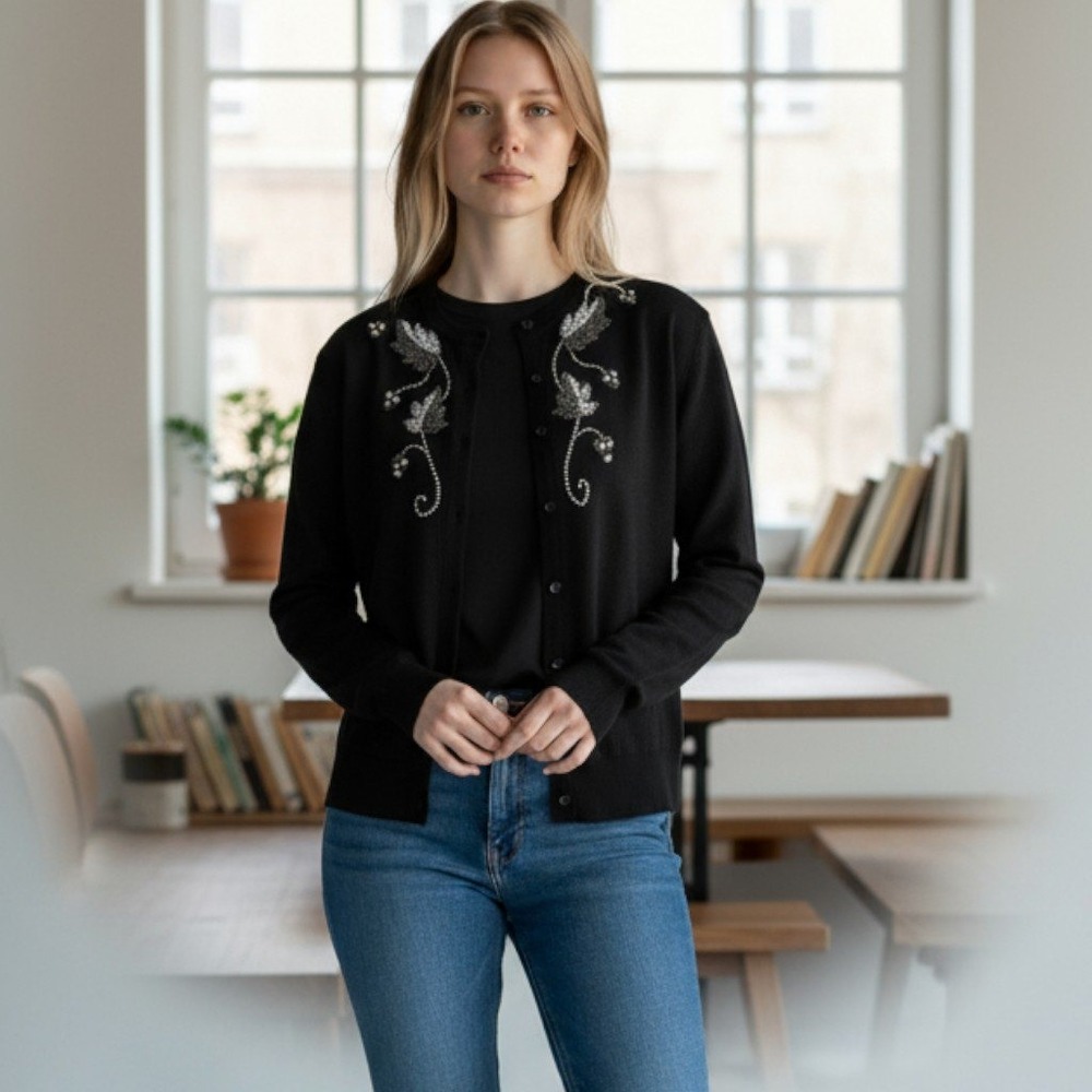 Dorset Womens 60s  Beaded Cardigan Sweater Black Orlon‎ Knit Cropped Fit Small